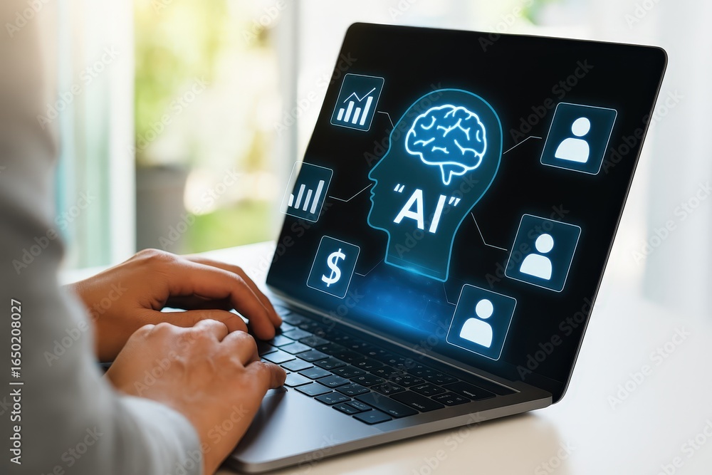Poster hands typing on a laptop displaying artificial intelligence concepts.