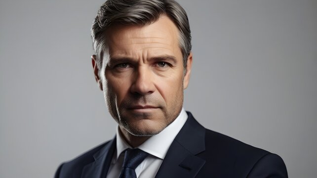Confident businessman looking assertive wearing a stylish suit with modern haircut, perfect for corporate leadership and professional development branding