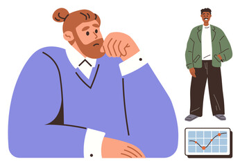 Obraz premium Seated man in contemplation, casually dressed man standing nearby, laptop presenting growth chart. Ideal for teamwork, mindset, planning, analysis, business strategy, leadership problem-solving