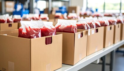 Cardboard boxes filled with red liquid in plastic bags.