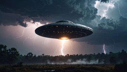 Obraz premium Unidentified flying object during a storm over a field.