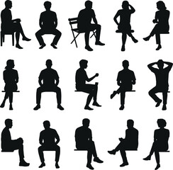 Silhouette sitting people, men women on chair bench, vector human poses, black outline characters, modern casual posture, editable design, isolated group collection