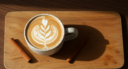 Cappuccino latte art coffee cup cinnamon sticks wooden board morning beverage drink