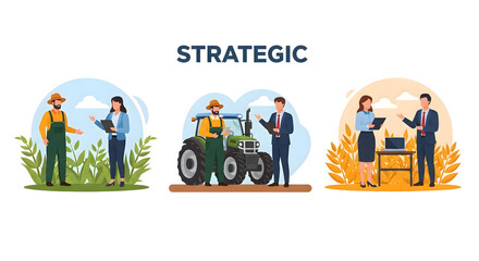 Fototapeta premium Strategic partnership in the agricultural industry. An illustrated scene of business-farmer collaboration, planning, and technological advancement.