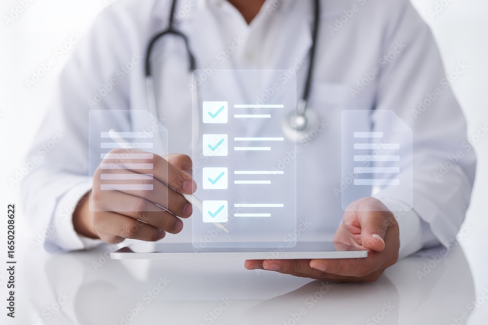 Poster a person in a white coat working with a digital tablet displaying checklists.