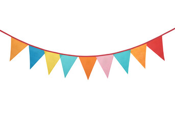 Fototapeta premium A vibrant string of triangular bunting flags in various colors is displayed against a clean transparent background, PNG format.