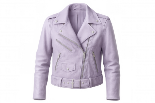 Purple leather jacket displayed in studio setting, highlighting sleek design with minimalist transparent backdrop