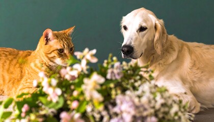 A ginger cat and a light golden dog near a bouquet of spring flowers.