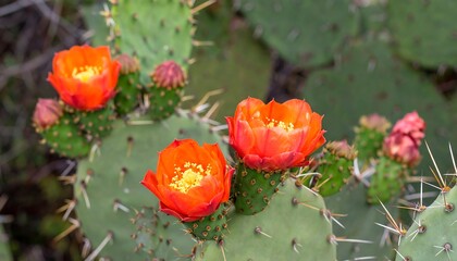 Vibrant orange blossoms on a prickly pear cactus.
