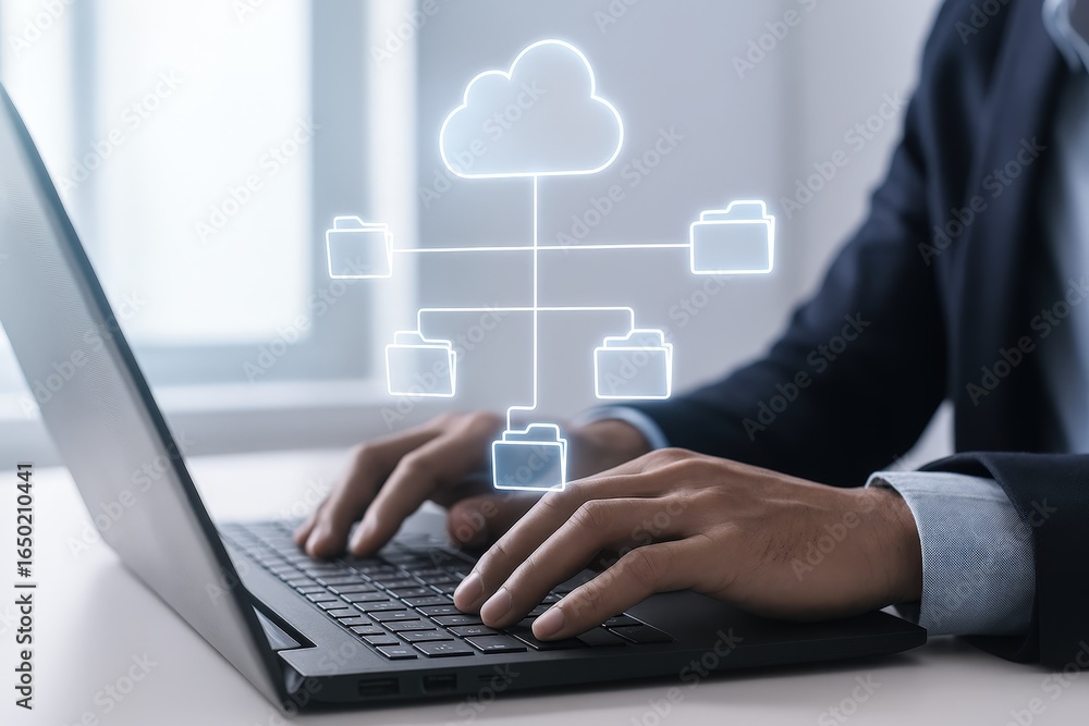 Poster a person using a laptop with a cloud-based file system overlay.