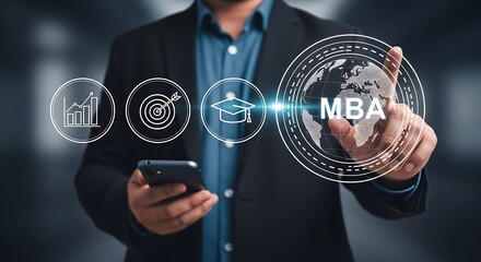 Elegant Asian man points to MBA globe and holds smartphone with digital icons