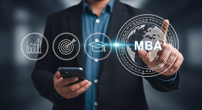 Elegant Asian man points to MBA globe and holds smartphone with digital icons