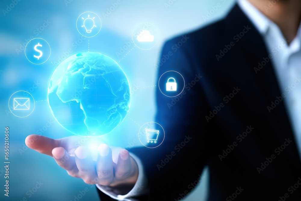 Poster hologram of a world globe with connected icons in a hand.