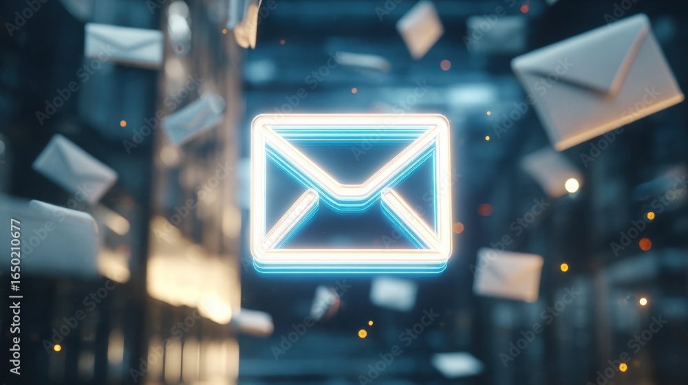 Poster floating envelopes and neon email icon illuminated in a digital space symbolizing communication in m