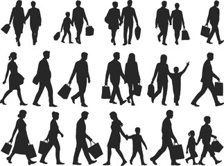 Silhouette people shopping, family walking with bags, retail consumer lifestyle, crowd illustration, man woman child vector, black silhouette icons set