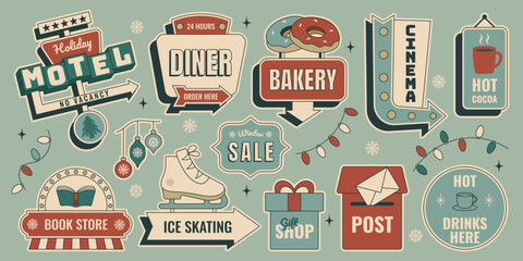 Retro winter holiday sticker sign set with Christmas ornaments, festive lettering for merry xmas, happy new year and seasonal celebration designs. Vector illustration in vintage mid century 50s style