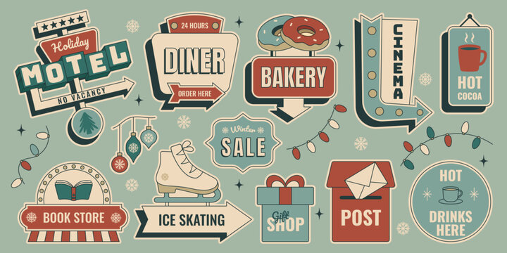 Retro winter holiday sticker sign set with Christmas ornaments, festive lettering for merry xmas, happy new year and seasonal celebration designs. Vector illustration in vintage mid century 50s style