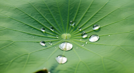 Vibrant green lotus leaf adorned with glistening water droplets, showcasing nature's serene beauty and intricate patterns after a refreshing rain