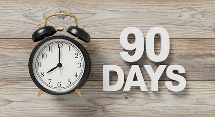 A black alarm clock near the white 90 days lettering on a wooden surface