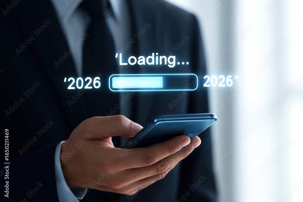 Poster businessperson holding a smartphone with a loading progress bar and the year 2026 displayed.
