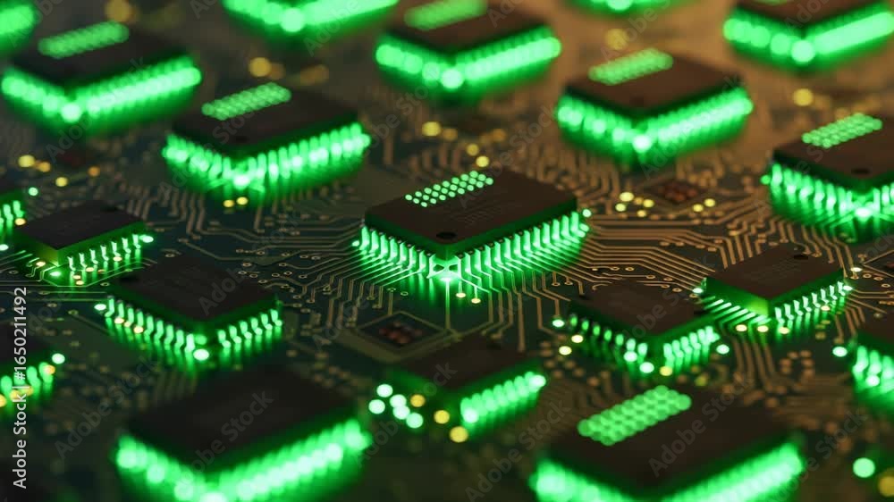 Poster intricate network of glowing green and orange computer chips and circuits, symbolizing advanced tech