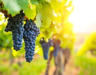 Fototapeta premium Sun-Drenched Vineyard Canopy: Ripened Grapes Bathed in Golden Light Beckoning Harvest