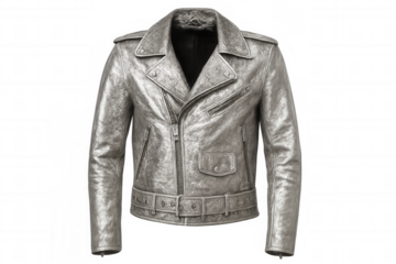 Stylish silver leather biker jacket isolated on transparent background, perfect for fashion and apparel projects