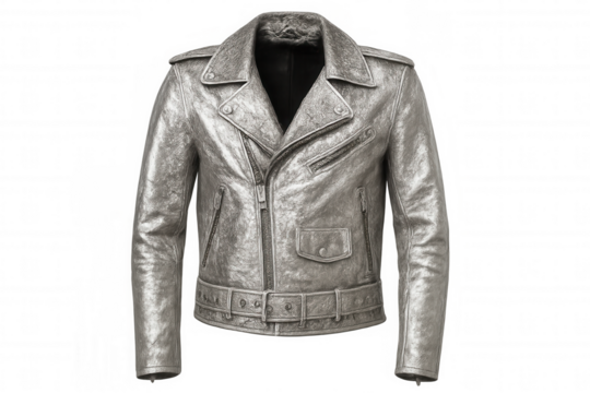 Stylish silver leather biker jacket isolated on transparent background, perfect for fashion and apparel projects