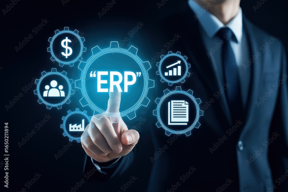 Poster a hand points to an erp system interface.