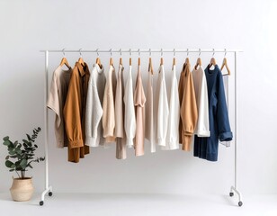 White Clothing Rack Displaying Various Neutrals and Earthy Tones.