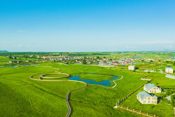 Aerial Panorama Of Grassland Town Nestled In Vast Prairie