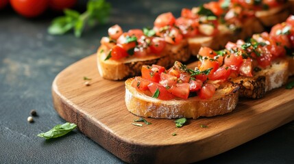 An elegant serving of bruschetta with roasted garlic, fresh tomatoes, on blurred background