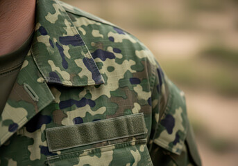 Fototapeta premium Soldier Wearing Modern Camouflage Uniform Close Up on Shoulder
