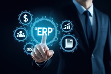 A hand points to an erp system interface.