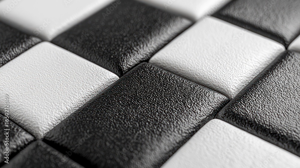 Fototapete close-up view of a textured checkerboard pattern. black and white squares, slightly elevated, create