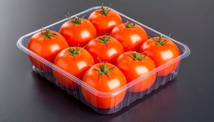 Fresh tomatoes in a clear plastic container.