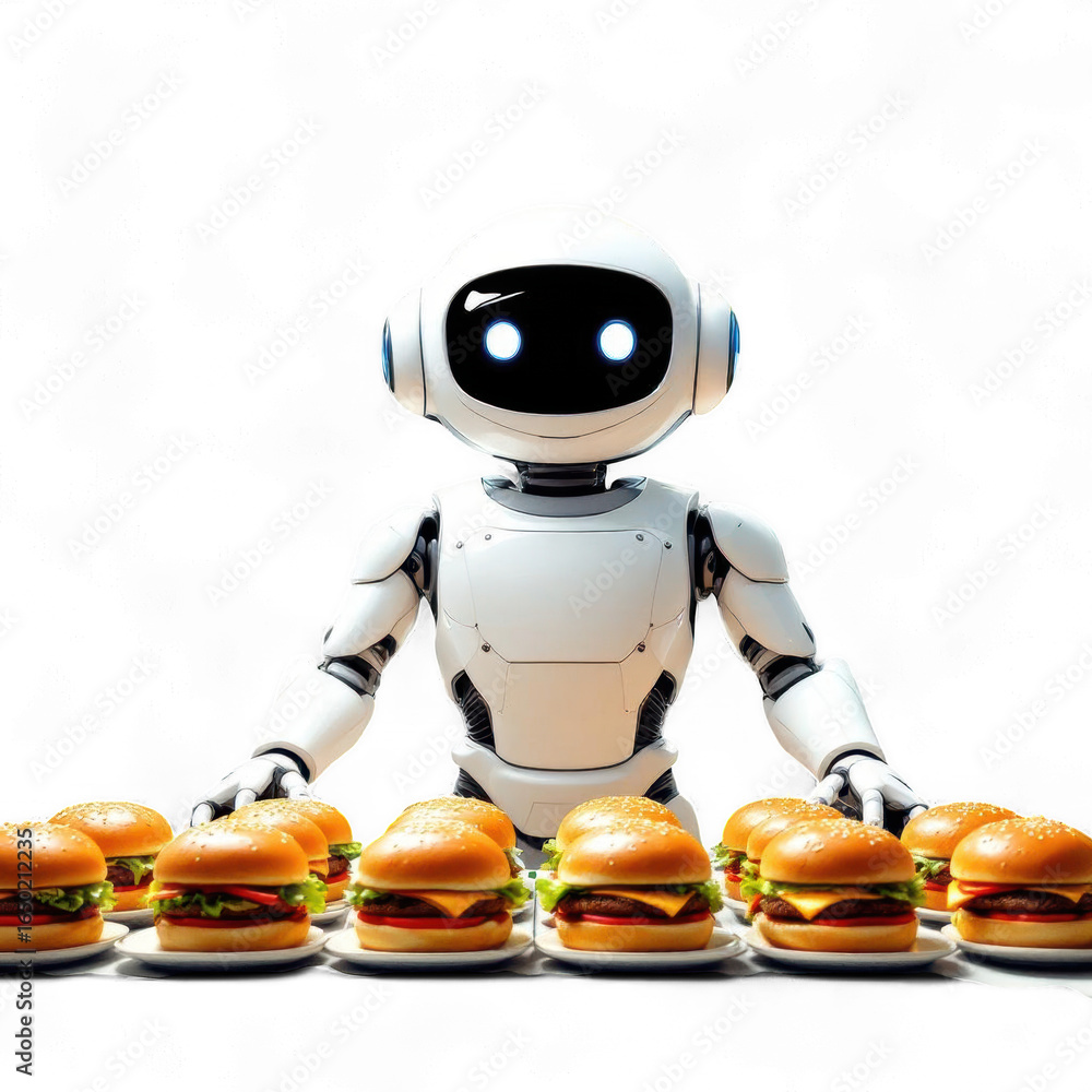 Poster a white robot standing behind a row of hamburgers on plates against a black background in a studio s