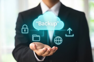 A person's hand displays a cloud backup system.