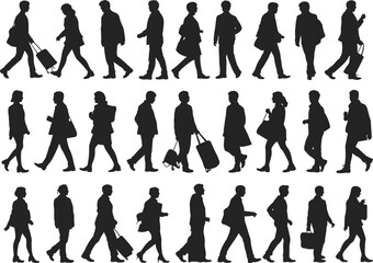 Silhouettes of walking people with luggage, business travelers, airport passengers, urban commuters, vector illustration, diverse men women, travel crowd design