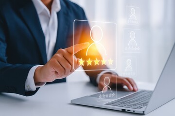 Businessperson interacts with customer feedback interface on a laptop.