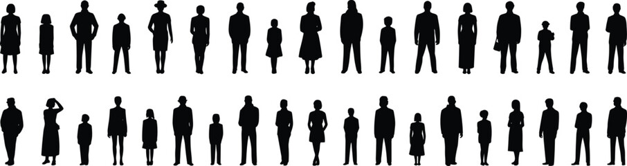 Silhouettes of people standing together, family group illustration, diverse generations vector, men women children design, human figures collection, isolated black