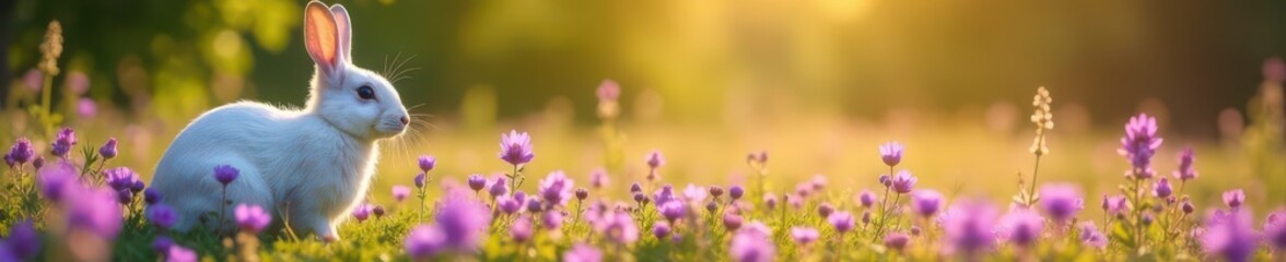 Fototapeta premium White hare beside purple wildflowers, sunlit scene , detail, botany