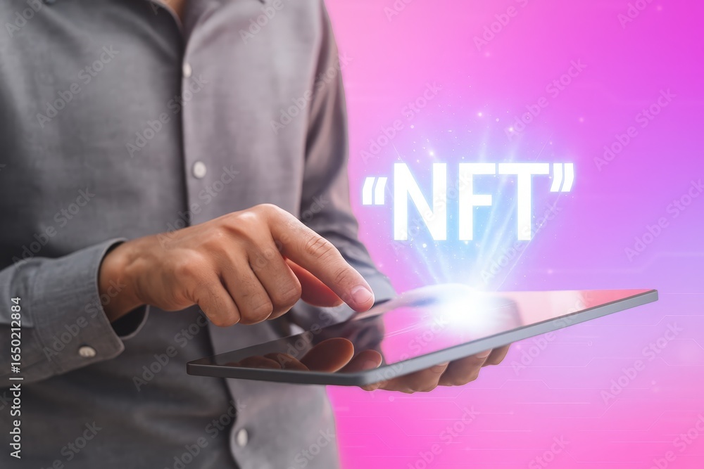 Aufkleber person using a tablet displaying the term nft.