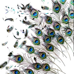 Obraz premium Vibrant peacock feathers cascade, showcasing iridescent blues and greens in a dynamic, artistic display.