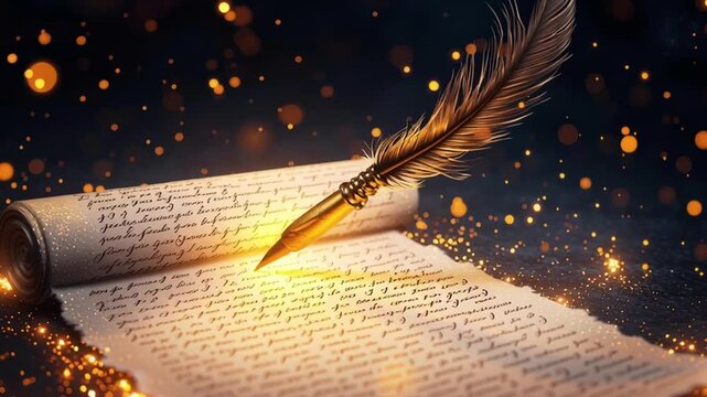 An enchanted quill writing spells on glowing parchment