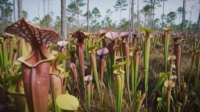 Carnivorous pitcher plants in a forest