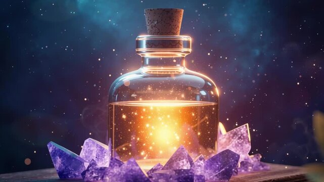 A potion glowing on a bed of magical crystals