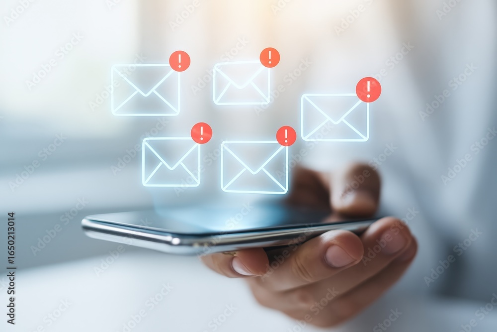Poster multiple email icons with red exclamation marks appear over a smartphone.