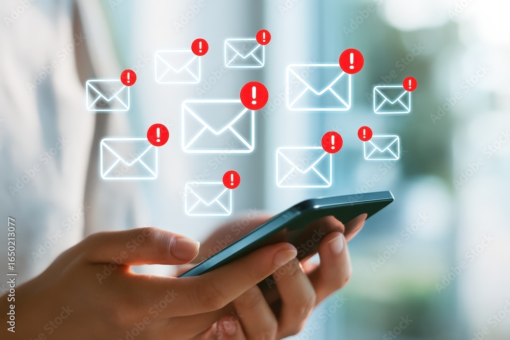 Poster smartphone displaying multiple email notifications with warnings.