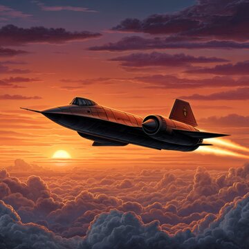 The sr71 blackbird soars through a vibrant sunset sky, leaving a trail of fire as it breaks the sound barrier above a sea of fluffy clouds